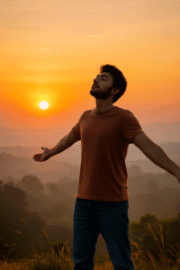 A young Indian man standing confidently on a grassy hilltop at sunrise, symbolizing a fresh start and morning motivation — perfect for a blog about how morning sunrise boosts mental clarity and routine.